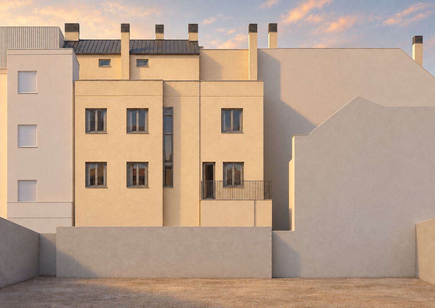 Render de la fachada posterior al atardecer